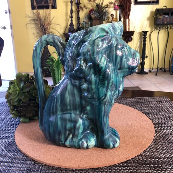 Vintage MCM Green and Teal Glazed Ceramic Pitcher - Picture 2 of 6